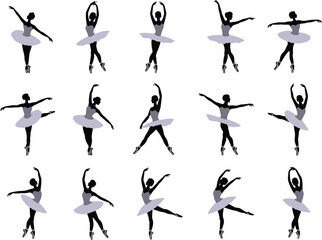 Ballet dancer silhouette set, ballerina poses collection, elegant dance art, classical performance, vector illustration, isolated, white background, artistic movement, tutu dress