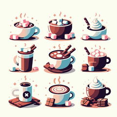 image of enjoying hot chocolate with marshmallows with a simple and minimalist flat design using a white background