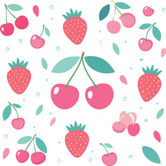 Stylized fruits cherry and strawberry in flat pastel tones arranged in playful