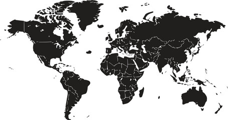 Black and White World Map Illustration Showing Continents and Country Borders on White Background