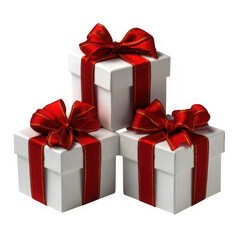 Obraz premium Three white gift boxes with red ribbon and bows isolated on transparent background