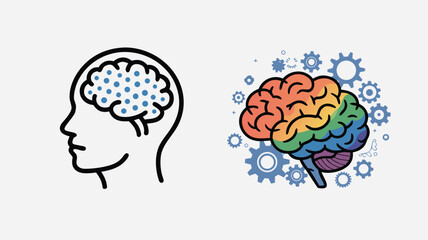 Brain Illustration Head Outline with Dotted Brain and a Rainbow Brain with Gears Around It