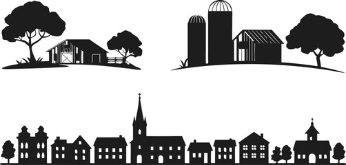 Black Silhouettes of Rural Farmland with Barns, Silos, and Town with Church. Vector