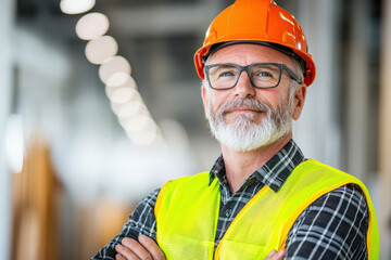 Experienced construction worker wearing hard hat and safety vest, smiling confidently in well lit industrial environment. His expression reflects pride in his work and dedication to safety