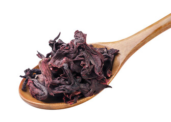 Dried hibiscus flowers in a wooden spoon on a white background. Isolated