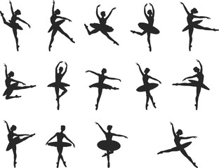 Ballet dancer silhouette set, ballerina poses collection, black vector illustration, dance art, classical performance, elegant movement, isolated, white background, artistic design