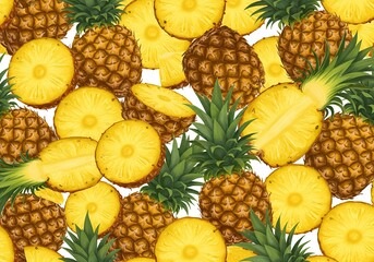 Vibrant Seamless Pineapple Pattern - Tropical Fruit Background with Whole and Sliced Pineapples.