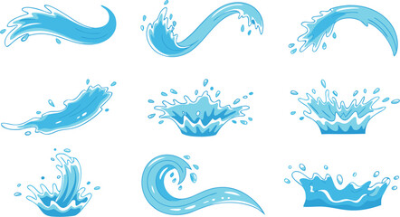 Collection of Stylized Cartoon Water Elements Waves, Splashes, and Drops on a White Background