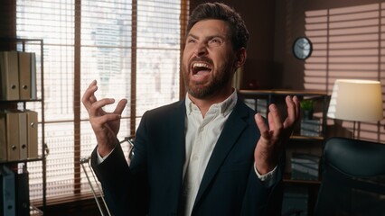Emotional stressed irritated annoyed exhausted burnout Caucasian businessman in office business man...