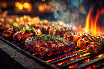 Grilling succulent meats on a BBQ grill with vibrant flames and smoky aroma at an outdoor gathering in the evening