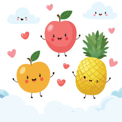 Cute kawaii fruit characters (apple, peach, pineapple) with smiling faces floating in a pastel blue sky with clouds and hearts