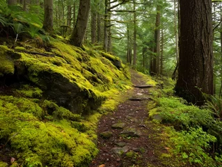 Tuinposter Bosweg A winding path meanders through a mystical forest, its stones draped with vibrant green moss  © Vika Tokalova