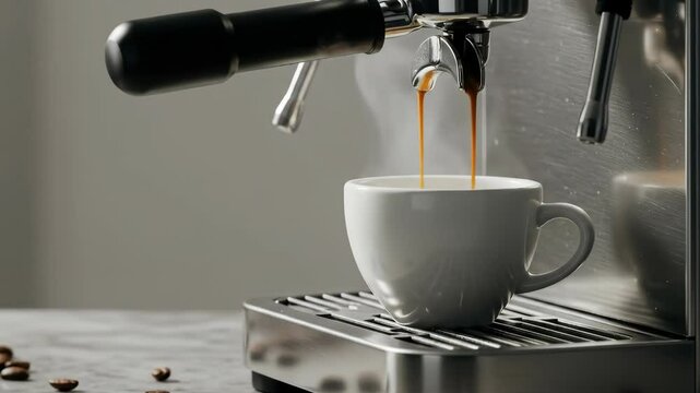 Espresso Machine Pouring Coffee into Cup - Close-up shot of an espresso machine pouring rich, dark espresso into a white cup. Coffee beans are scattered on the surface nearby.