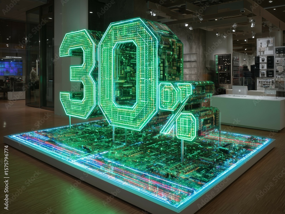 Fototapete A stunning installation showcasing the number 30 rendered in vibrant neon, set against an intricate circuit board background, illuminating the intersection of technology and art.