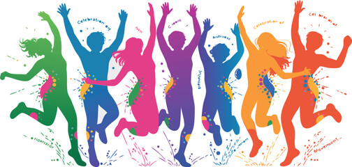 Colorful Silhouettes Celebrating Joyful Group Jumping with Raised Arms, Artistic Movement, and Festive Energy