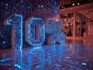Illuminated 10% symbol represents a decade, with a futuristic, digital concept