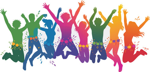 Colorful Silhouettes of Joyful People Jumping with Arms Raised in Celebration and Unity