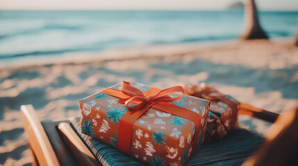 Gift boxes with red ribbons on tropical beach. Sea Holiday Christmas concept