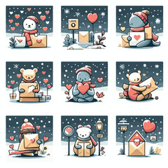 image of receiving a love letter while it's snowing with a simple and minimalist flat design using a white background