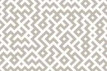 Modern seamless vector pattern with geometric maze-inspired lines, neutral beige over white. Ideal for contemporary textiles, wallpapers, packaging, backgrounds in digital banners or print projects.