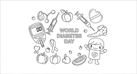 World diabetes day illustration featuring a child blood glucose meter syringes fruits vegetables and awareness ribbon isolated on transparent background