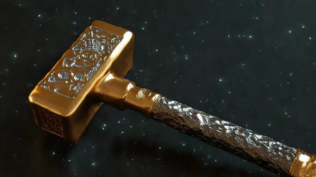 Golden hammer resting on dark surface with intricate carvings