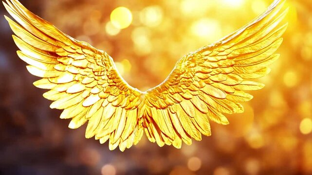 Golden angel wings against a warm bokeh background