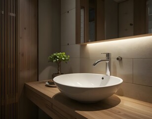Close up of a modern bathroom sink with a chrome faucet and a small bonsai tree decoration nearby