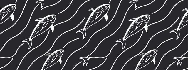 Seamless fish pattern with wavy lines on dark background, elegant aquatic marine line art design perfect for wallpapers, fabrics, wrapping paper, prints, and ocean-inspired decorative projects.