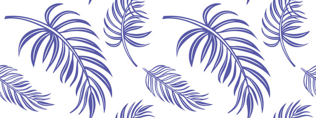 Seamless tropical purple palm leaf pattern on white background, elegant botanical line art design perfect for wallpapers, fabrics, wrapping paper, prints, and modern home projects.