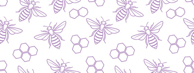 Seamless purple bee and honeycomb pattern on white background, elegant insect line art design perfect for wallpapers, fabrics, wrapping paper, prints, and modern nature-inspired decorative projects.