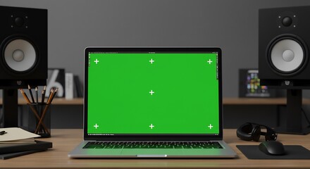 Green Screen Laptop on Desk with Speakers and Accessories, Mockup Template
