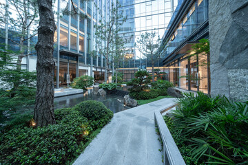 footpath through garden in yard of modern building