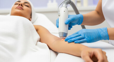 Obraz premium A woman is having laser machine hair removal on her arms at a beauty center.