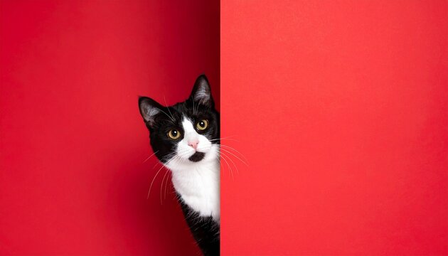 A black and white cat peeks around a vibrant red wall.