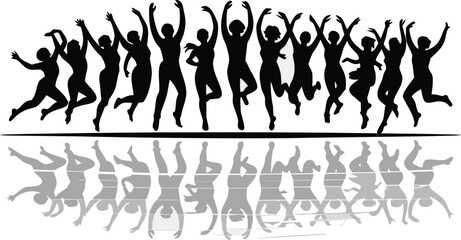 Silhouette Illustration of Jumping Women with Raised Arms Mirrored on White Background Art