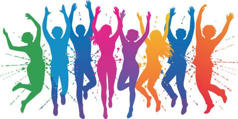Silhouette Illustration of Joyful Multicolored People Jumping and Celebrating with Hands in the Air on White Background