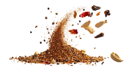 Garam masala ground flying minced spice blend on white background