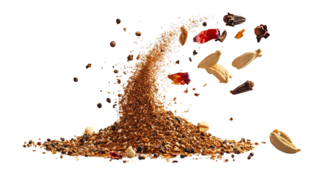 Garam masala ground flying minced spice blend on white background
