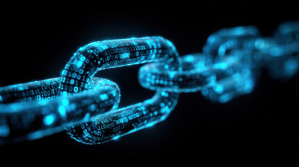 Blue neon blockchain chain links connected with binary code glowing on a black backdrop, symbolizing secure decentralized systems