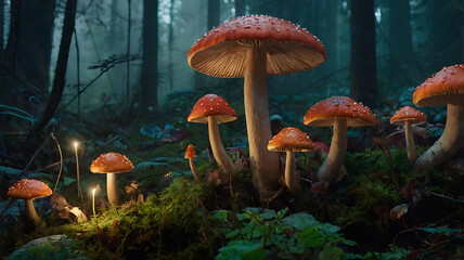 Fototapeta premium Fantasy mushroom garden with oversized mushrooms, glowing caps, and small woodland creatures around
