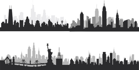 Obraz premium Silhouetted Cityscapes Graphics of Chicago, New York, and Unidentified Urban Skylines