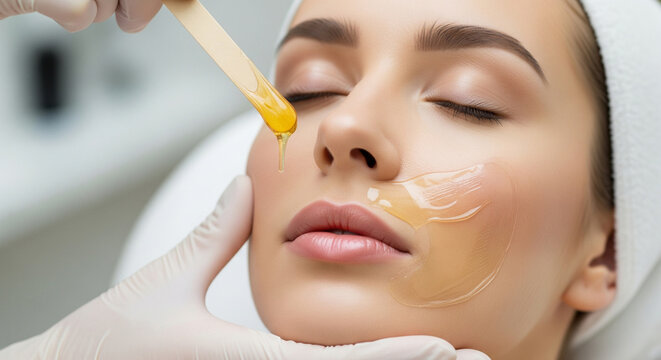 A woman closes her eyes and looks relaxed, a beautician wearing gloves, applies a warm, golden wax to her face using a wooden spatula.