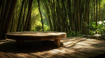 Tranquil bamboo forest clearing with a round wooden table and sunlit bamboo flooring