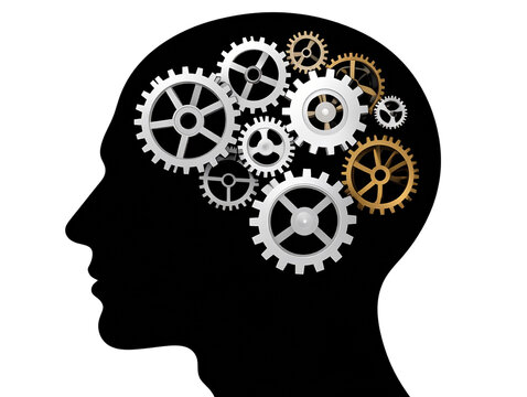  Gears and cogs inside a silhouetted human head representing technology and cognitive processes