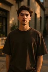 Fototapeta premium Young handsome man in brown t-shirt posing outdoors near historic building at golden hour sunset
