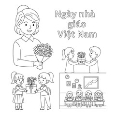 Obraz premium Vietnamese teacher appreciation day celebration with students giving gifts isolated on transparent background