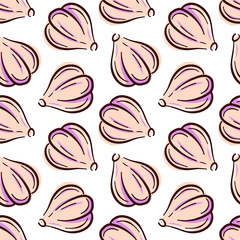 Seamless pattern of garlic bulb in flat style on white background. Perfect for food, spice cuisine, kitchen, vegetable and culinary theme design.