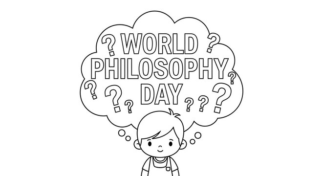 Cute child thinking about world philosophy day with many questions isolated on transparent background