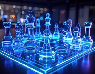Futuristic chess pieces on glowing board